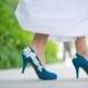 Wedding Shoes - Teal Blue Wedding Shoes/Bridal Shoes With Ivory Lace. US Size 7.5
