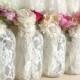 5 Ivory Lace Covered Ball Mason Jar Vases, Wedding Decoration, Engagement, Anniversary Or Home Deocration