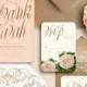 Blush Pink And Gold Script Flower Garden Wedding Invitation Suite