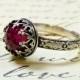 Beautiful Gothic Vintage Sterling Silver Floral Band Ring With Rose Cut Ruby And Heart Bezel