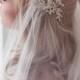 Gold Lace Juliet Bridal Cap Wedding Veil, Alencon Lace With Pearls And Sequins, Fingertip, Waltz, Chapel, Cathedral, Style: Rosa Gold #1109