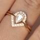 Wedding Set - 0.3 Carat Pear Diamond Crown Ring & Pave Diamond V Ring - 18k Gold