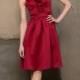 Cranberry Satin Ruffle Halter Knee Length Bridesmaid Dress with Shirred Skirt and Pockets