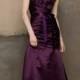 Beautiful Plum Satin Strapless Long Dress with Dropped Waist and Ribbon