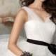 Perfect Ivory Tulle A-line Knee Length Bridesmaid Dress with V-neck and Black Ribbon