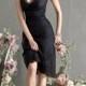 Black Point Knee-length Bridesmaid Dress with V-neck and Lace Hem