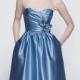 Strapless Satin Knee Length Flower Bridesmaid Dress with Pleated Bodice