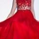 A-line Bateau Neckline Natural Waist Red Evening Dress With Cap Sleeve and Flower Overlay Bodice