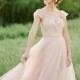 JOL240 blush pink colored cap sleeves flowy tulle wedding dress