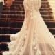 new sheer tulle with lace long sleeved flare mermaid prom wedding dress