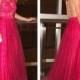LJ14136 hot pink sheer back lace with tulle skirt long prom gown