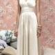 Ivory Cap Sleeve Floor-length Bridesmaid Dress with Pleated V-neck Deep V-back