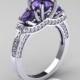 French 18K White Gold Three Stone Alexandrite Diamond Wedding Ring, Engagement Ring R182-18KWGDAL