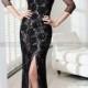 2015 new arrival Sexy Sheath Floor-length Scoop Neckline 3/4 Sleeve Appliqued Slit Tulle and Lace Prom Dresses