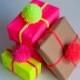Triple Pack Handmade Neon Yellow/Pink/Orange Wool Pom Poms - Gift Wrapping Idea/decoration/accessory - 35mm Diameter