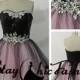 Black Pink Sequined Top Rhinestone Beaded Waist Two Tone Party Dress