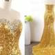Sequin Golden Prom Dresses, Strapless Long Golden Sequin Mermaid Prom Gown, Long Formal Dresses, Mermaid Sequin Long Formal Gown