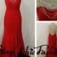 Red Long Rhinestone Beaded High Neck Slit Open Back Jersey Evening Gown