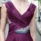 Floor Length Purple V-Neck Beaded Satin Maxi Evening Dress