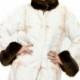 Ladies fur coat with faux white cross pattern fox fur with brown bunny fur