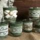 6 Hunter green burlap and ivory lace coveret votice tea candles, wedding, bridal shower table decoration