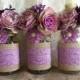 Lavender rustic burlap and lace covered 3 mason jar vases wedding deocration, bridal shower, engagement, anniversary party decor