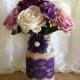 purple burlap and lace covered mason jar vase - wedding decoration, bridal shower decoration, country chic decoration