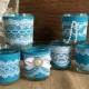 6 Turquoise burlap and white lace covered votive tea candles, wedding, bridal shower table decoration