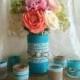 Tiffany blue burlap and lace covered votive tea candles and vase country chic wedding decorations, bridal shower decor