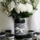 black burlap and white lace covered votive tea candles and vase country chic wedding decorations, bridal shower decor, home decor