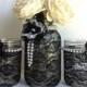black lace mason jars - black and white lace covered mason jars - wedding decor - bridal shower decor- home decor - gift or for you