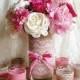 natural burlap and pink lace covered 1 vase and 6 votive tea candles -  wedding