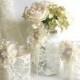 3 piece lace covered mason jars with adorable lace flowers 1 vase and 2 candle holder, wedding decor gift or for you NEW