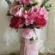 pink burlap and lace covered mason jar vases - wedding decoration, bridal shower decoration, country chic decoration