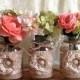 3 rustic burlap and lace covered mason jar vases, wedding, bridal shower, baby shower, party decoration