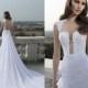 Discount 2015 Hot Neck Lace Wedding Dresses With Sheer Illusion Back Covered Button Mermaid Chapel Train Chiffon Customed Beach Berta Bridal Gowns Online with $112.88/Piece 