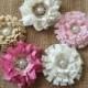 5 shabby chic handmade flowers pink, rose pink, icory and beige colors