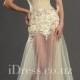 Sexy Lace Appliqued Flowers Long Pale Yellow Tulle Evening Dress
