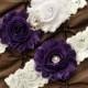 Wedding Garter Set, Bridal Garter Set - White Lace Garter, Keepsake Garter, Toss Garter, Shabby Chiffon White Purple Wedding Garter Belt