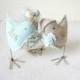 Love Birds Mint Green Wedding Cake Topper Bride and Groom rustic Mr&Mrs linen fabric figurines Ready to ship