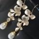 Bridal Earrings, Dangle Earrings, Gold Earrings, Swarovski pearls, Gold Filled Earwires, Wedding Jewelry, Orchid Flowers