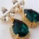 Emerald green Chandelier earrings, Drop earrings, Bridal earrings, Dark green Dangle earrings, Weddings jewelry halo Swarovski earring