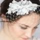 Bridal ivory birdcage veil with lace, wedding veil, birdcage headband
