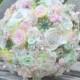 Softest Spring blush and mint rose and wood flower brooch bouquet