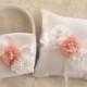 Wedding Pillow and Basket -  White and Coral  Ring Bearer Pillow,  Vintage CUSTOM COLORS  too Wedding Pillow