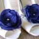 Navy blue fabric flower and lace shoe clips for weddings, special occasions