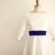 Custom Make Vintage Audrey Boat Neckline Long Sleeves Wedding Dress Ivory Satin/Navy Blue Bow Sash V Back Bridal Gown