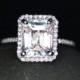 White Topaz Engagement Ring Diamond Halo 14k White Gold with White Topaz Emerald Cut 10x8mm and Diamonds