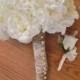 Ivory Rose and Hydrangea Bridal Bouquet and matching boutonniere included - STUNNING - lace, jute, pearls and florals
