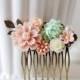Pink Ivory Mint Green Flowers Brass Leaf Hair Comb. Floral Collage Hair Comb Comb. Mint and Pink Wedding Bridal Hair Comb, Bridesmaids Gift